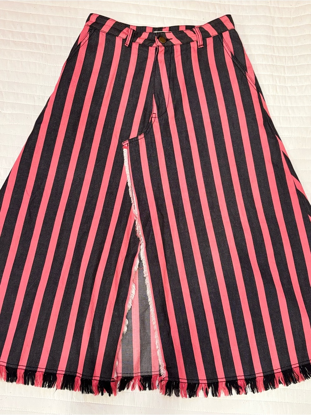 Manoush Paris Red Black Vertical Striped Midi Skirt Fringed Hem Slit Size 36 4